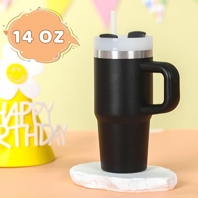 Cosictic 14 Oz Tumbler with Handle and Straw for Kids, Stainless Steel Double Wall Vacuum Insulated Cup for Children, 14 Oz Cups for Kids (Black)