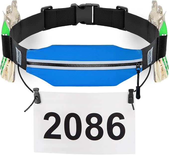 RJ-Sport Triathlon Belt with Pouch - Race Number Bib Holder with 6 Gel Loops, Ideal for Running, Cycling & Marathon (Blue)
