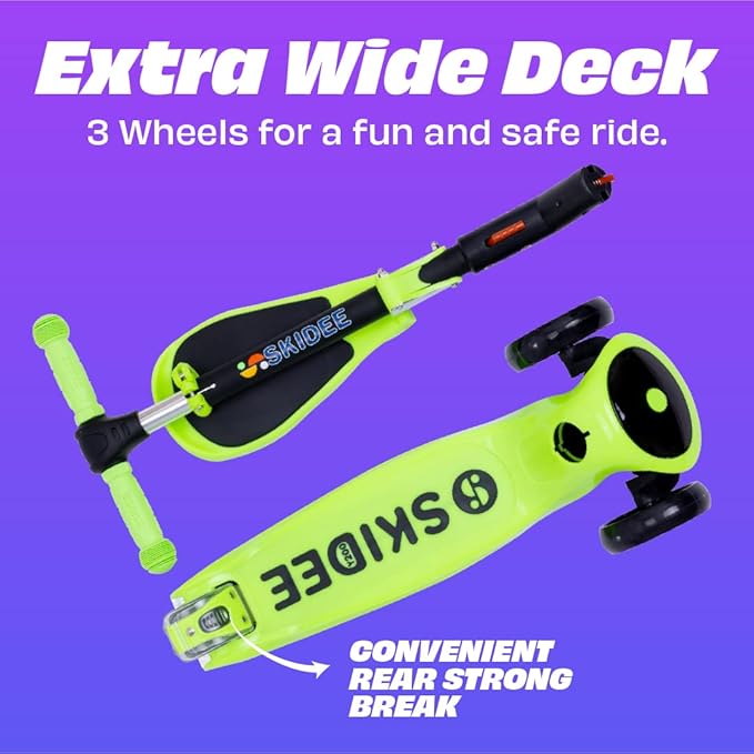 SKIDEE Kick Scooters for Kids Ages 3-5, Adjustable Height Foldable Scooter with Removable Seat, 3 LED Light Wheels, Rear Brake, Wide Standing Board, Suitable Up to 12 Year Old Boys/Girls