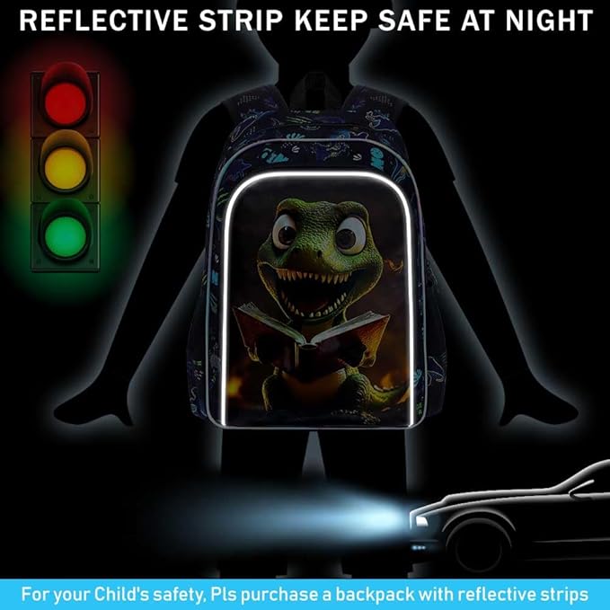 3Pcs Dinosaur Backpack for Boy, 16" Bookbag for Elementary Preschool Kindergarten, Kids School Backpacks with Lunch Box (Black)