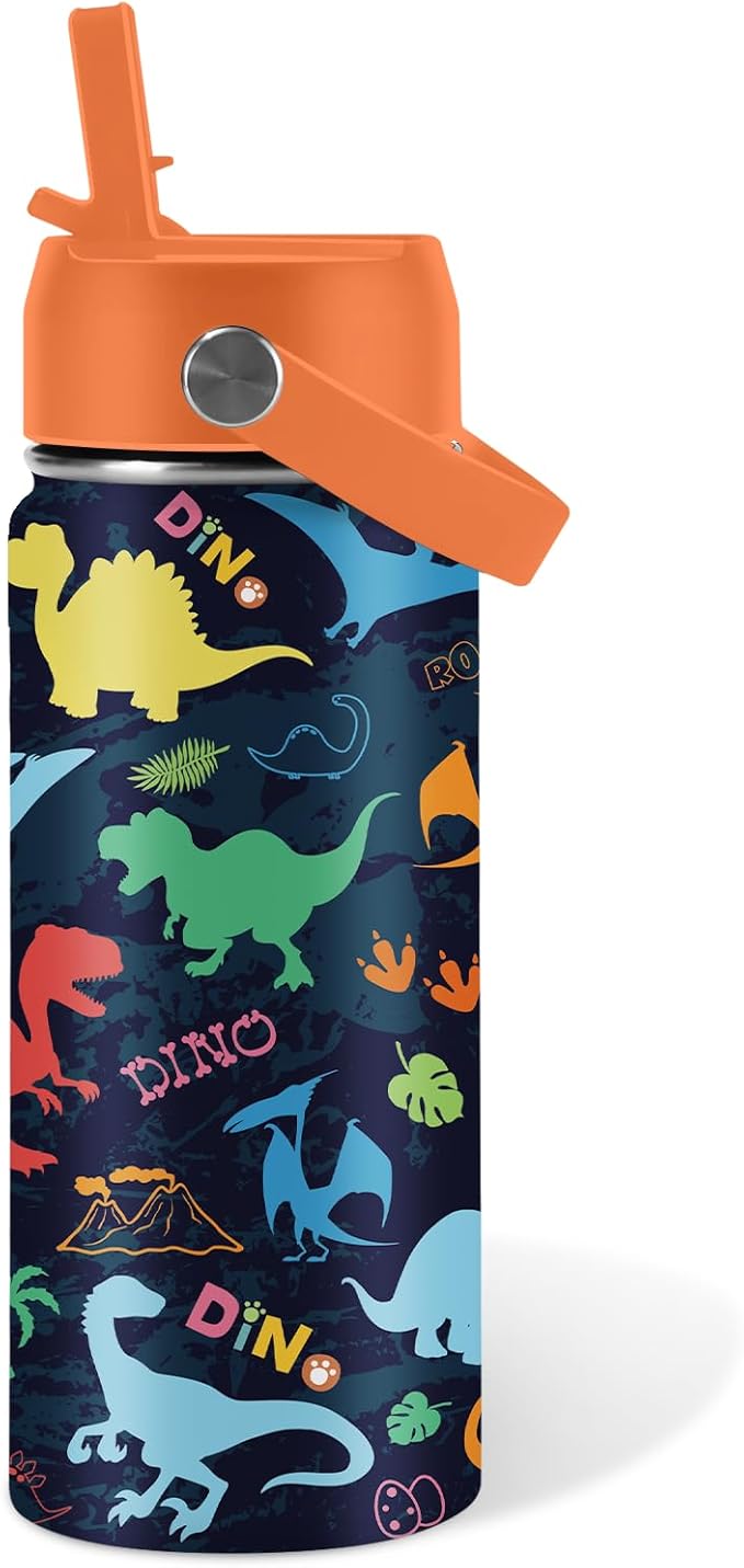 Dinosaur Gifts for Kids - 16oz Colorful Dino Water Bottle with Straw Lid, Stainless Steel Insulated Tumbler, Leakproof, BPA-Free, for Boys & Girls, School, Travel - Dino Lovers Birthday Gift Cup (1pc)
