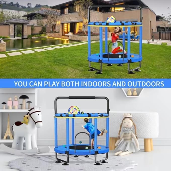 Trampoline for Kids, Upgrade Full Anti-Rust 440lbs Indoor Outdoor Toddler Trampoline with Net, 55" Adjustable Baby Toddler Trampolines Accessories with 8 Toys Dart Board