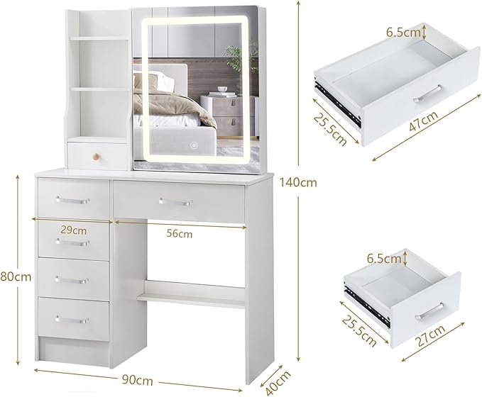 Vanity Desk with Sliding LED Mirror and Lights, Makeup Vanity Desk with Lighted Mirror, 3-Color Adjustable Brightness, USB Port, Drawers, Small White Vanity Set with Stool for Bedroom, Girls & Women