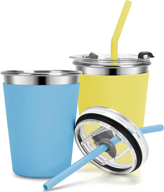 Kids Cups with Straws and Lids Leak Proof, 12oz Sippy Cups for Toddlers 1-3, 2 Pack Spill Proof Cup Stainless Steel Kids Cups with Lids for School, Outdoor (Blue & Yellow)