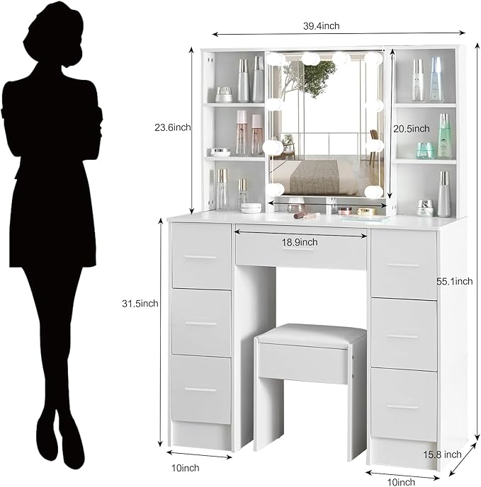 39.4'' W Vanity Desk with Storage Mirror and Lights, Makeup Vanity Set with Lighted Mirror, Drawers and Stool, Adjustable Brightness, White Vanity Dressing Table for Bedroom, Girls and Women Gifts