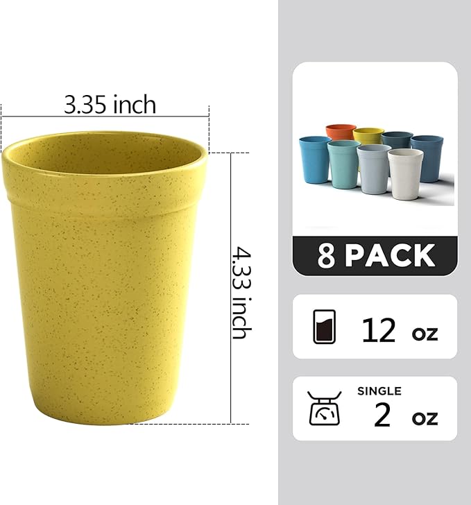 Homestockplus 12Oz Wheat Straw Cups, Set of 8 - Reusable Plastic Cups for Kitchen, Home, Office, and Outdoor Use - Dishwasher and Microwave Safe - Eco-Friendly and Unbreakable Drinking Cups