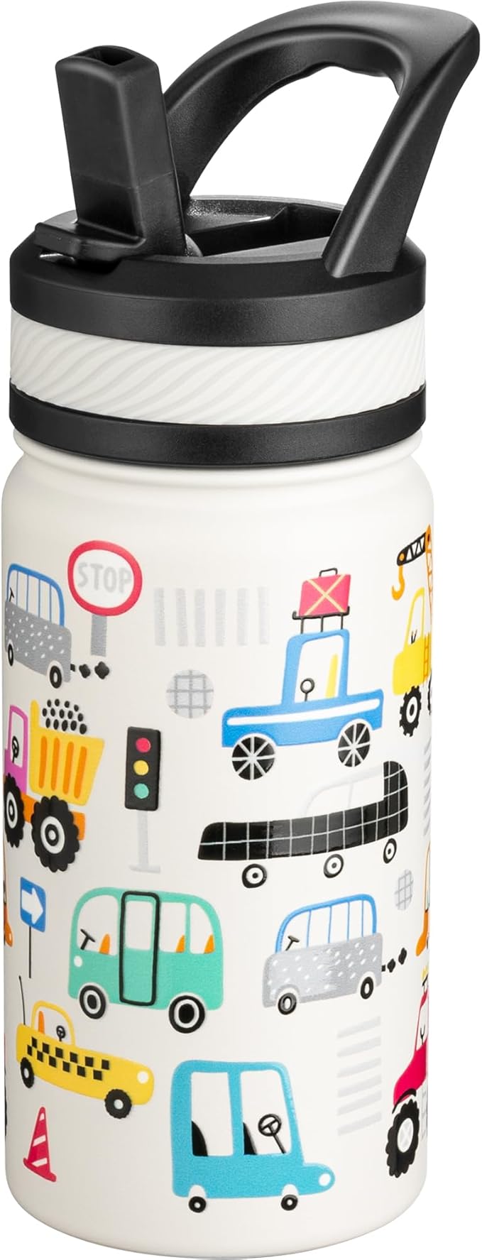 Fanhaw 14 Oz Kids Insulated Water Bottle with Straw - Stainless Steel Double Wall Vacuum Cup, Leakproof, BPA Free, Suitable for Boys and Girls(White - Heavy Traffic)