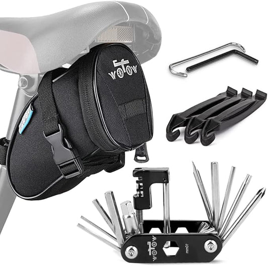 WOTOW Bike Repair Tool Kit & Bike Saddle Bag, 14 in 1 Bike Chain Tool Hex Key Wrench Maintain Accessories Multitool Set with Portable Under Seat Bag for Road Mountain Commuter Bicycle