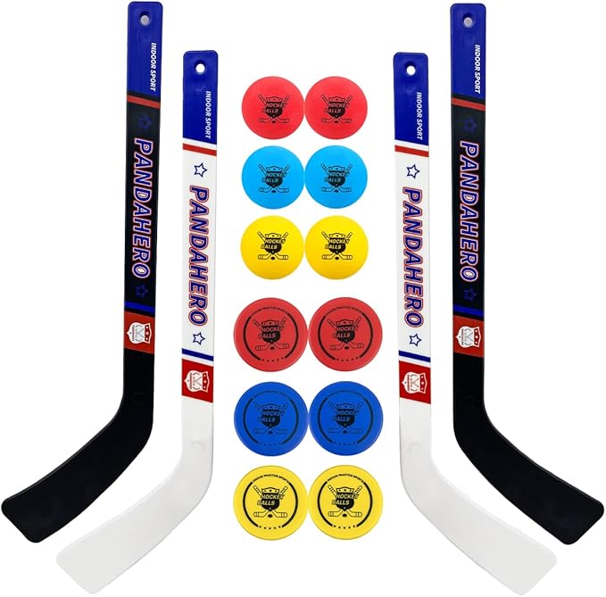 Pandahero Mini Hockey Stick Set for Kids – Indoor Floor Hockey Kit with 4 Mini Hockey Sticks & 12 Knee Hockey Balls – Soft Foam Pucks & Balls – Fun Hockey Gifts for Boys & Girls