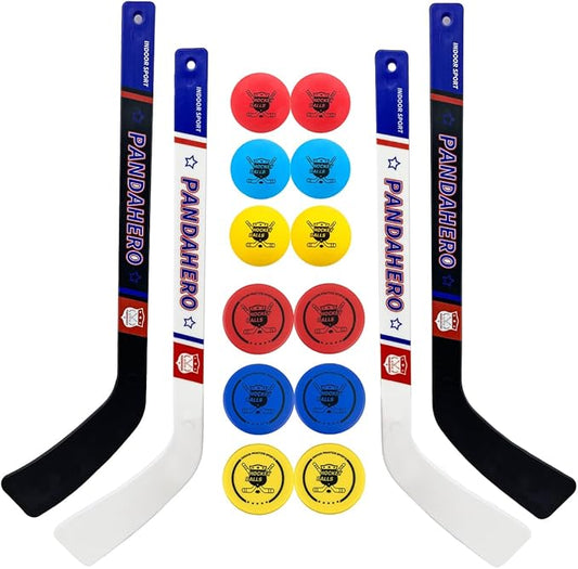 Pandahero Mini Hockey Stick Set for Kids – Indoor Floor Hockey Kit with 4 Mini Hockey Sticks & 12 Knee Hockey Balls – Soft Foam Pucks & Balls – Fun Hockey Gifts for Boys & Girls