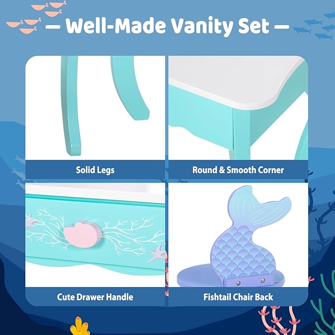 Kids Vanity with Lights, Wooden Princess Vanity for Girls, 2 in 1 Ocean Theme Toddler Dressing Table and Chair Set, Little Girl Makeup Vanity with Mirror for Children Birthday