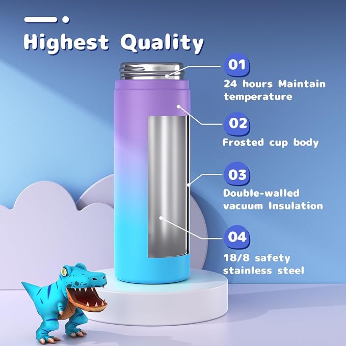 Kids Water Bottle, 2-Pack 20oz Water Bottles with Stickers and Straw, Stainless Steel Vacuum Insulated cup, Kids Water Bottle for School, Gifts for Boys and Girls(Purple/Green)