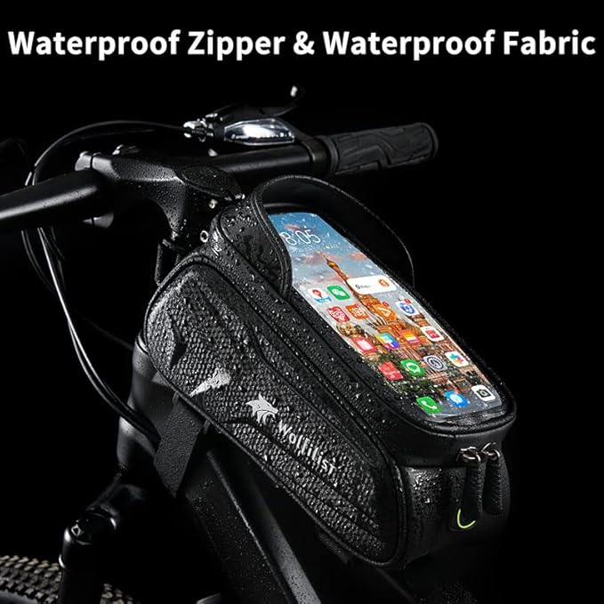 Bike Bag - Waterproof Bike Frame Bag with Sun-Visor Rain Cover, Bike Phone Holder with TPU Sensitive Touch Screen, Handlebar Bag Bicycle Accessories, Large Capacity Suitable Phone Under 7"