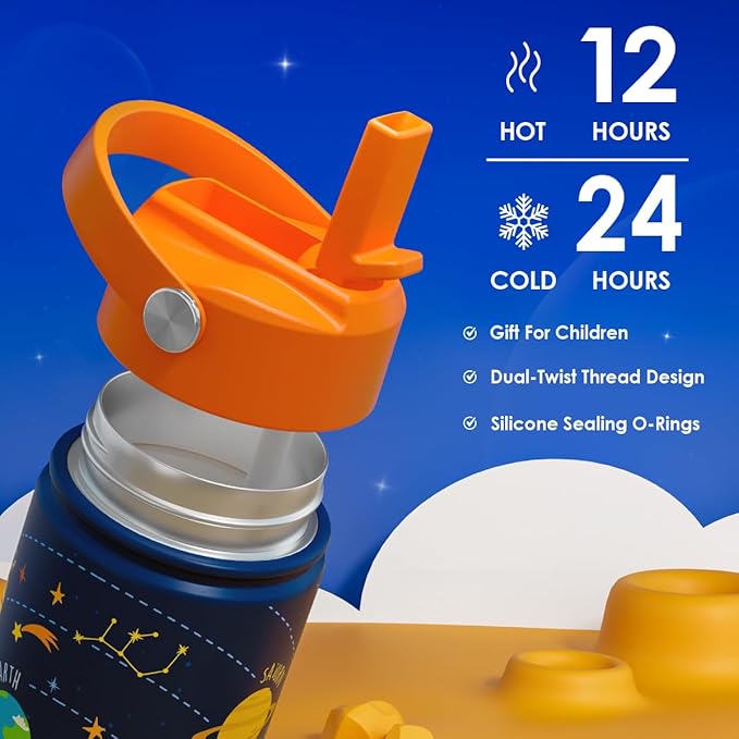 Solar System Kids Water Bottle With Straw Lid 12oz Insulated Stainless Steel, Travel Tumbler, Gifts For Boys, Birthday, Christmas, Back To School