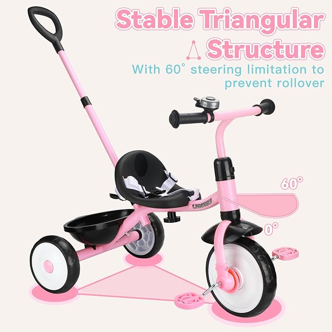 Liberry 2 in 1 Toddler Tricycle Age 2 3 4 Years Old, Kids Trike with Adjustable Push Handle, Bell & Basket, 3 Wheel Bike Riding Toy Birthday for Girls Boys, Light Pink