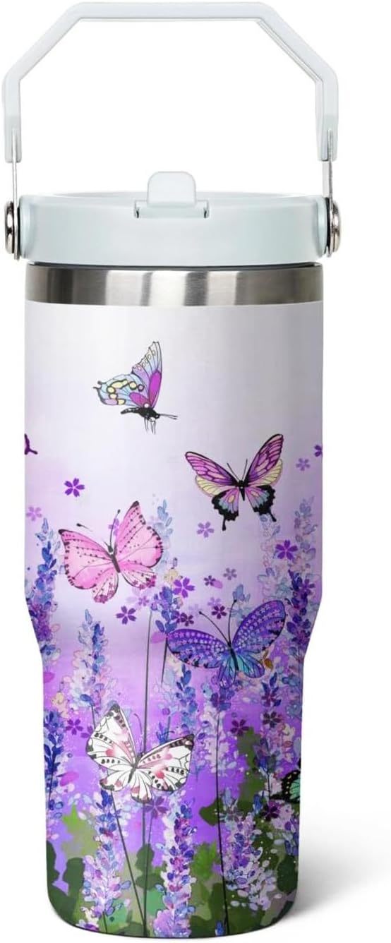30 Oz Flip Tumbler with Handle Lid and Straw,Purple Butterfly Reusable Tumbler Water Bottle Travel Coffee Cup Mug,Butterfly Gifts for Women Mom Daughter Girlfriend Teenage Girls Bridesmaid
