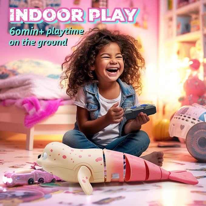 Pool Toys Amphibious Remote Control Seal on Land Water 2.4Ghz Rechargeable Battery Remote Control Shark for Pool Robot Toys for Kids 8-12 Years Old Boys Girls 8,9,10 Upgrade Version Pink