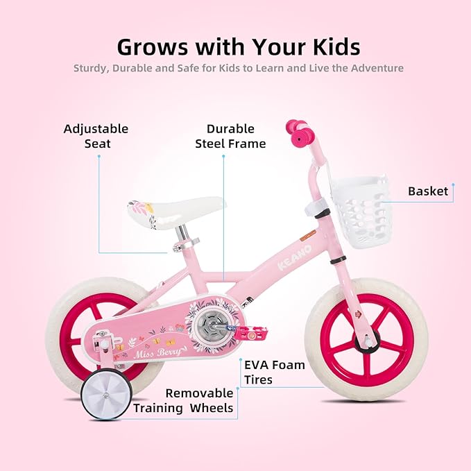 KEANO Voyager 10 12 Inch Kids Bike for Boys and Girls Ages 1-4 Years, Toddler Bike with Training Wheels & Basket, Detachable Parent Push Handle, Children Bicycle