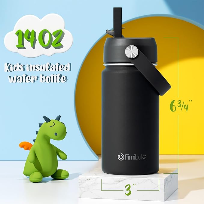 Fimibuke Kids Insulated Water Bottle, 14oz BPA FREE 18/8 Stainless Steel Travel Tumbler Double Wall Vacuum Leak Proof Kids Cup with Straw Metal Water Bottle for School Boys Girls(1 Pack, Black)