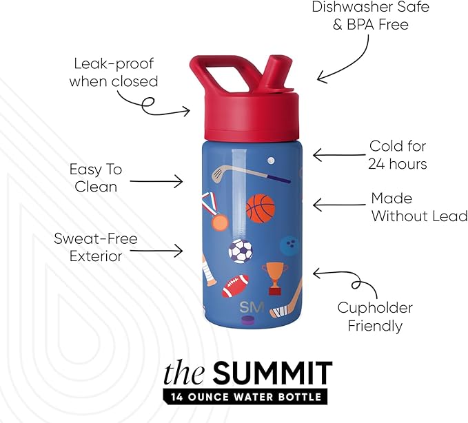 Simple Modern Kids Summit Water Bottle with Straw Lid | 14oz Stainless Steel Cup Insulated Tumbler for Toddlers, School | Sports Balls