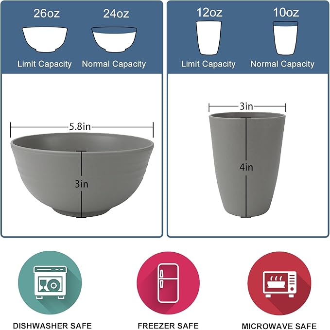 Wrova 40Pack plates and bowls sets for kitchen - Unbreakable wheat straw dinnerware sets service for 8 - Alternative plastic 40pcs dish sets for picnic,camping and R.V. - (Grey)