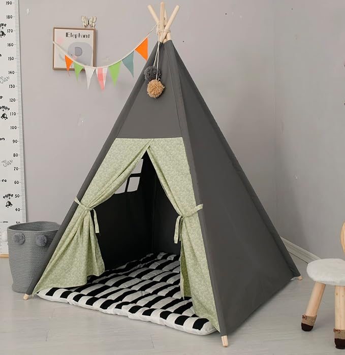 Teepee Tent for Kids Stripe Padded Mat Foldable Dark Tone Grey Play Tents for Girl and Boy with Carry Case Wooden Pole Printing Canvas Tepee Playhouse for Child Indoor Outdoor