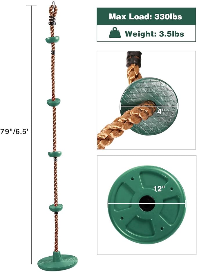 REDCAMP Climbing Rope Swings for Trees, Heavy Duty Plastic Disc Swing Seat for Kids and Adults with Hanging Strap and Snap Hooks, Green