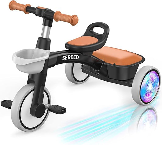 SEREED Colorful Lighting Toddler Tricycle for 2-5 Years Old Boys, Adjustable Seat&Handlebar Trike, Removable Basket, Birthday Gift Idea for Kids Ages 2+ (Black)