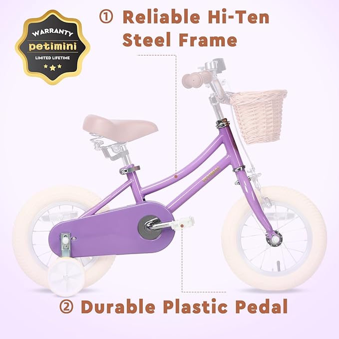 Petimini Girls Bike with Basket for 2-12 Years Old Kids, 12 14 16 18 20 Inch Bicycle with Bell Training Wheels Basket, Multiple Colors