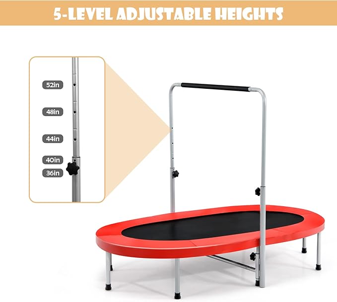 Giantex Mini Trampoline, 2 Persons Foldable Fitness Trampoline w/ 5 Levels Height Adjustable Handle, Max Load 330LBS, Indoor Oval Rebounder Exercise Trampoline for Adult, Kid, Enjoy Parent-child Time