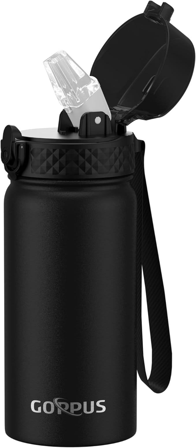 Kids Water Bottle, GOPPUS 14 Oz Stainless Steel Travel Bottle, Double Wall Vacuum Leak Proof Kids Cup for School Boys Girls, Black