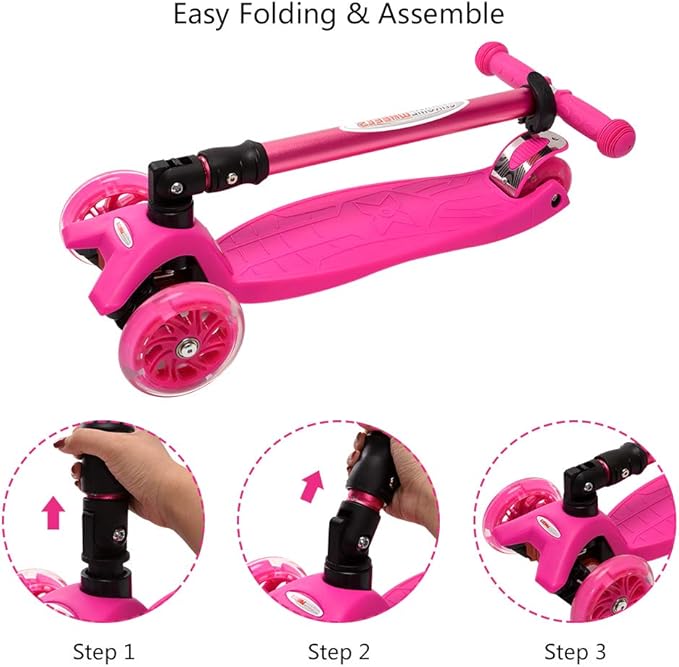 ChromeWheels Foldable Scooters for Kids, Deluxe Kick Scooter 4 Adjustable Height 132lbs Weight Limit 3 Wheel, Lean to Steer LED Light Up Wheels, Best Gifts for Girls Boys Age 3-12 Year Old
