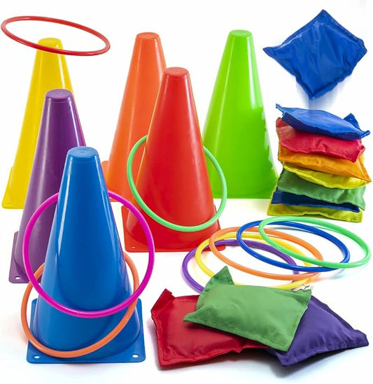 Prextex Multicolored 3-in-1 Yard Game Set - Ring Toss Game, Bean Bags, Cones - Outdoor Toys for Toddlers & Kids, Children's Indoor Play, Family Fun Carnival Games, Kids Party Cornhole Set, Lawn Games