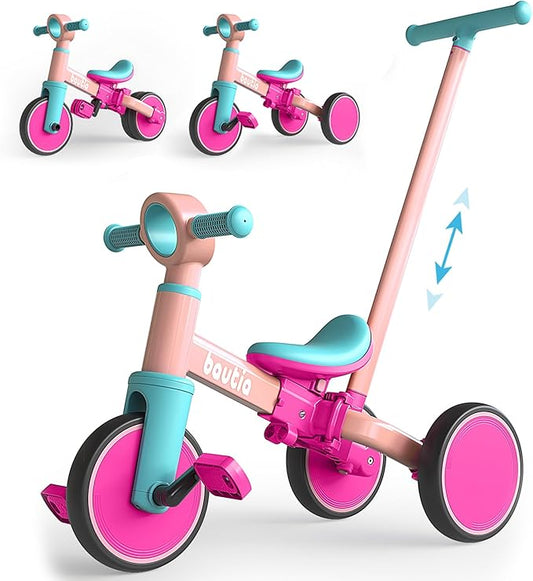 Kids Tricycle with Push Handle for Toddlers 1-4 Years Old Boys Girls Gift, 5 in 1 Baby Balance Bike for Toddlers 1-3 with Removable Pedals (No Parent Steering Version)