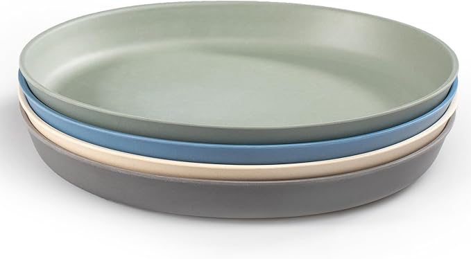 WeeSprout Bamboo Plates, Set of 4, Kid-Sized Dinnerware, Dishwasher Safe Melamine Dishware (Blue, Green, Gray, & Beige, Without Lids)