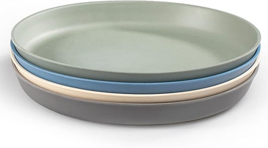 WeeSprout Bamboo Plates, Set of 4, Kid-Sized Dinnerware, Dishwasher Safe Melamine Dishware (Blue, Green, Gray, & Beige, Without Lids)