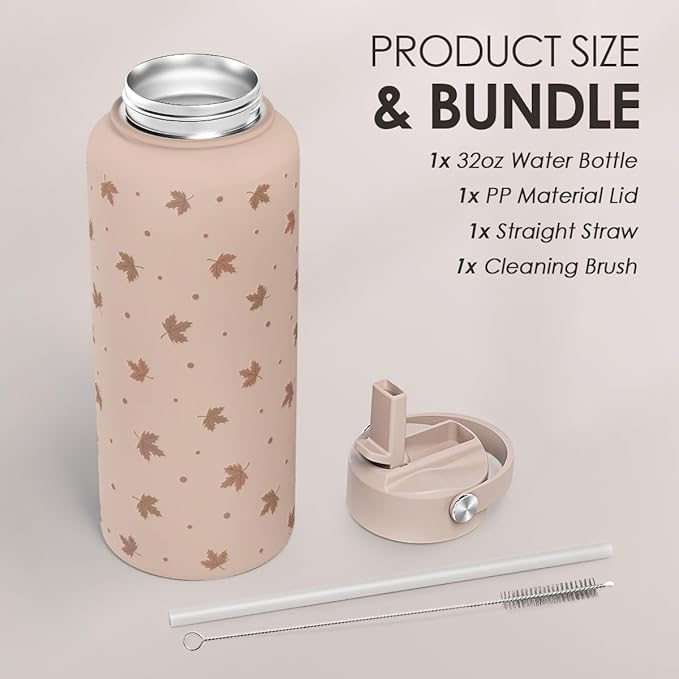 Maple Leaf Water Bottle 32oz Stainless Steel with Lid & Straw, Fall Insulated Bottles Gift for Women Girls, Autumn Gifts