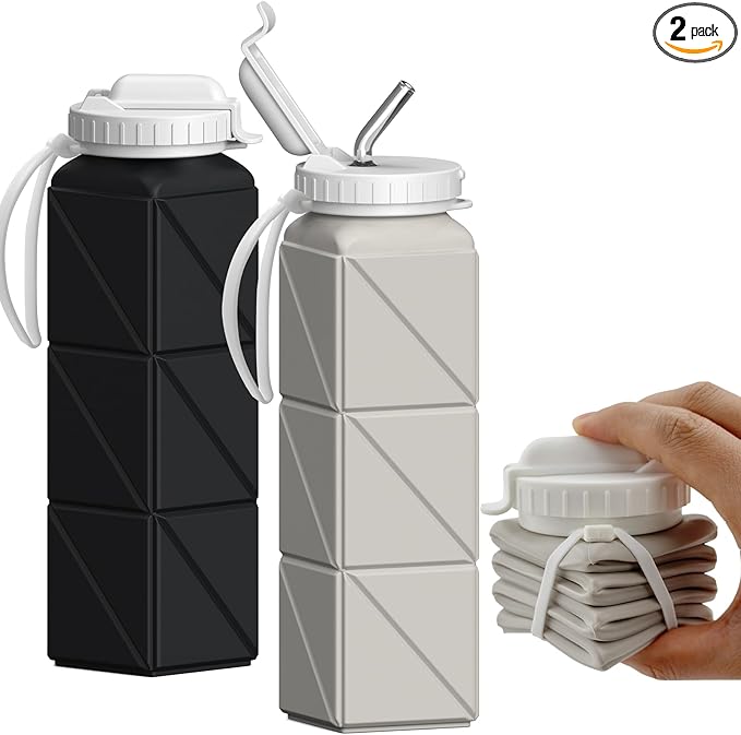 Collapsible Water Bottles with Straw 20.6oz, Silicone Foldable Portable Water Bottle, Lightweight Reusable Leakproof for Travel Camping Hiking Cycling Yoga Sports, 2 Pack (Black+Starlight)
