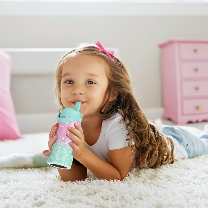 SANDJEST Kids Water Bottle with Straw Lid, Pack of 2 Insulated 12 Oz Stainless Steel Water Bottles for Girls, Travel Cup for School Sports, Mermaid - Strawberry