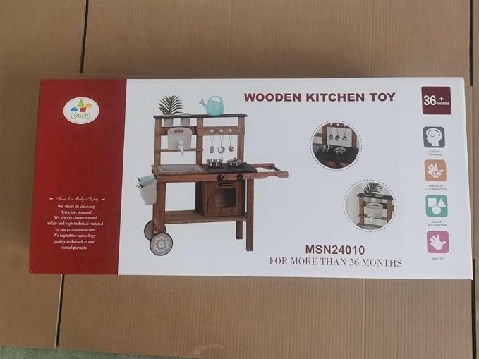 Outdoor Kitchen for Kids,Mud Kitchen Wooden Toy Playset with Wheels, Kettle, Sink, Wooden Plant Container and Kitchen Accessories, for Children Ages 3+ Years