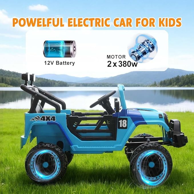 12V Kids Car, 4x4 Electric Car for Kids with Remote Control, LED Headlights & Music, Ride-On Truck Toy Gift for Boys Girls 3-8 Years (Blue)