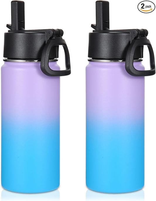 Volhoply 16 OZ Kids Water Bottle Bulk 2 Pack,Insulated Sports Bottles with Straw Lid,Stainless Steel Bottle with Handle Keep Cold,Double Wall Vacuum Tumbler Cup for School,Girl(Lavender Blue, 2