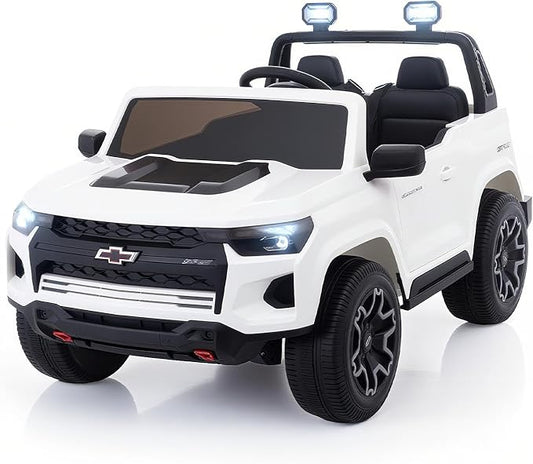 Joywhale 24V Ride on Truck 4WD Kids Electric Vehicle Licensed Chevorlet Ride on car with 7AH Big Battery, 320W Powerful Motors. 2 Seats, Music, 4 Wheel Suspension, 2 Speeds, LED Lights, White