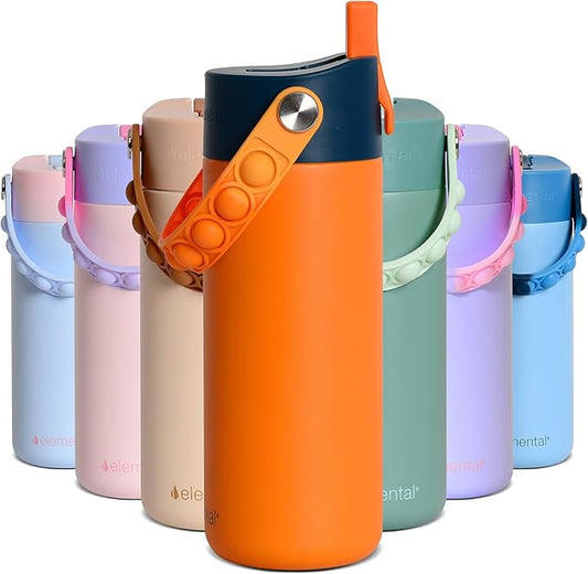 Elemental Insulated Kids Water Bottle, Stainless Steel Water Bottle with Straw Lid & Pop-It Handle, Leak-Proof Water Bottles for School, Boys or Girls, Travelling and Sports, 18oz - Orange Tie Dye