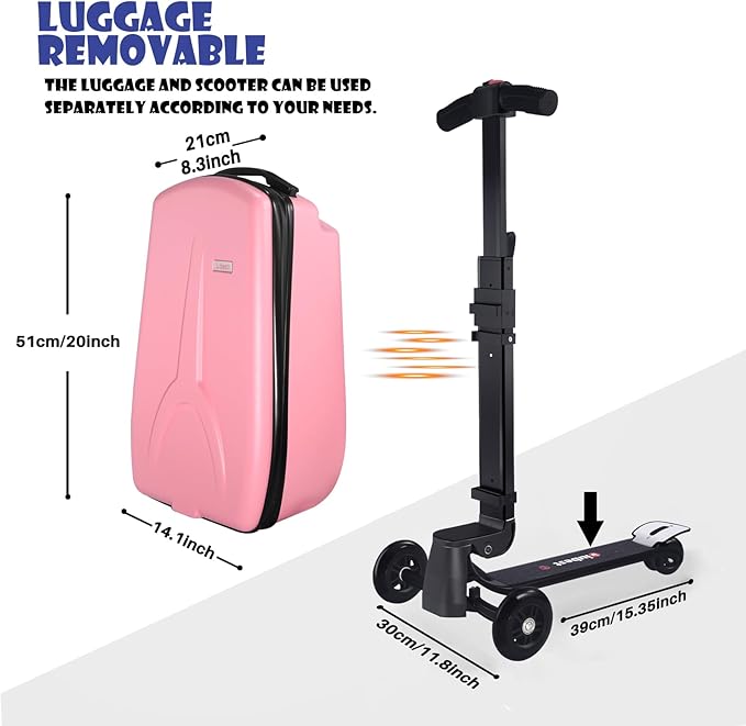 Scooter Luggage for Kids Scooter Suitcase for Ages 4-12, 4 in 1 Kids Luggage Boarding Suitcase Detachable & Foldable Scooter Travel Trolley Ride On Luggage-Pink