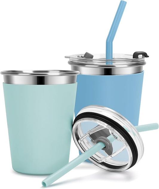 Kids Cups with Straws and Lids Leak Proof, 12oz Sippy Cups for Toddlers 1-3 No Spill, 2 Pack Spill Proof Cup Stainless Steel Kids Cup with Lids for School, Outdoor (Blue & Green)