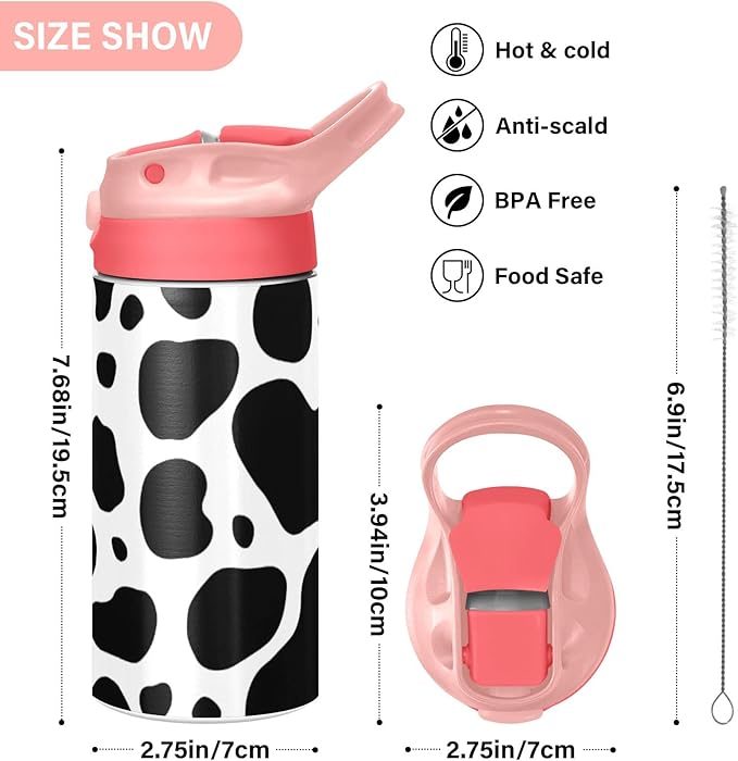 Kigai Black & White Cow Print Kids Water Bottle with Straw Lid, Vacuum Insulated Stainless Steel Double Walled Leakproof Tumbler Travel Cup for Girls Boys Toddlers, 12 oz