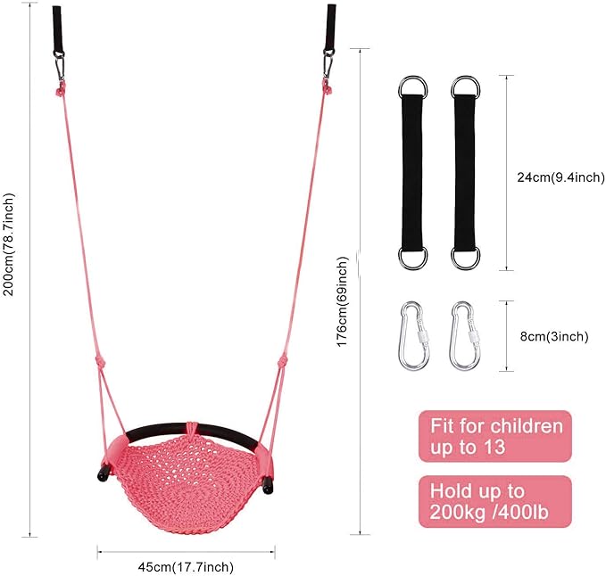 JKsmart Swing Seat for Kids Heavy Duty Rope Play Secure Children Swing Set,Perfect for Indoor,Outdoor,Playground,Home,Tree,with Snap Hooks and Swing Straps,440 lbs Capacity,Pink