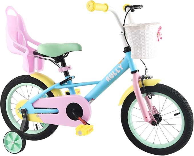 RULLY 12 14 16 Inch Kids Bike for 2-7 Years Girls 33-53 Inch Tall, Toddler Bicycle with Training Wheels & Coaster Brake, Rainbow Bike, Macarons