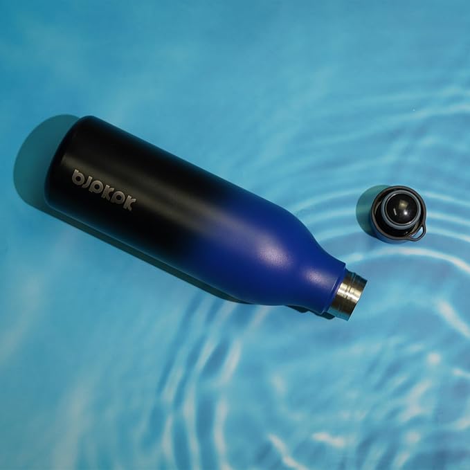 BJPKPK Insulated Water Bottles, 25 oz Stainless Steel Metal Water Bottle with Strap, BPA Free Leak Proof Thermos, Mugs, Flasks, Reusable Water Bottle for Sports & Travel, Blue Black